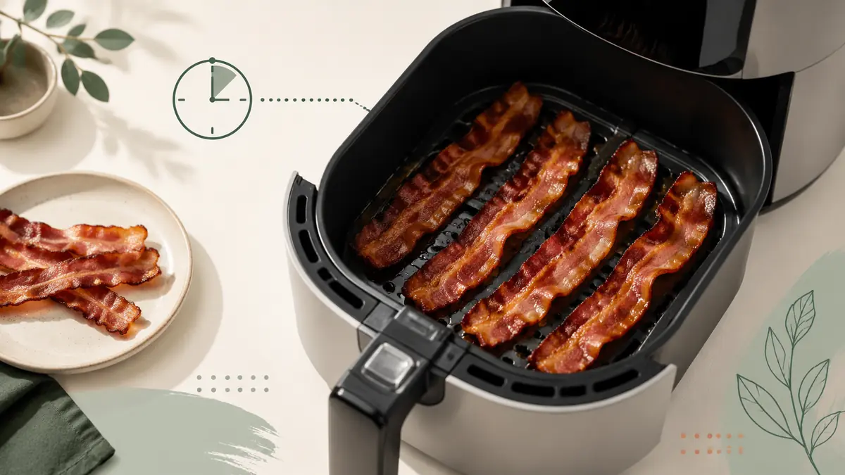 Bacon in an air fryer basket with a thermometer and timing cues for air fryer temperature and cooking time guidance.