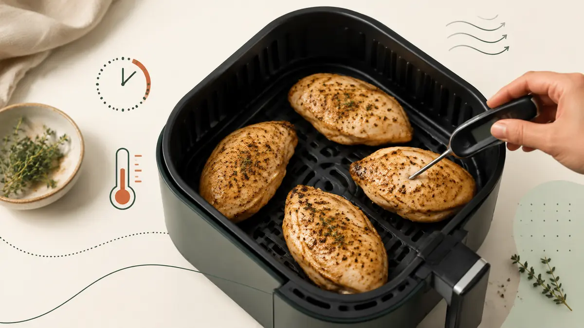 Chicken Breast in an air fryer basket with a thermometer and timing cues for air fryer temperature and cooking time guidance.