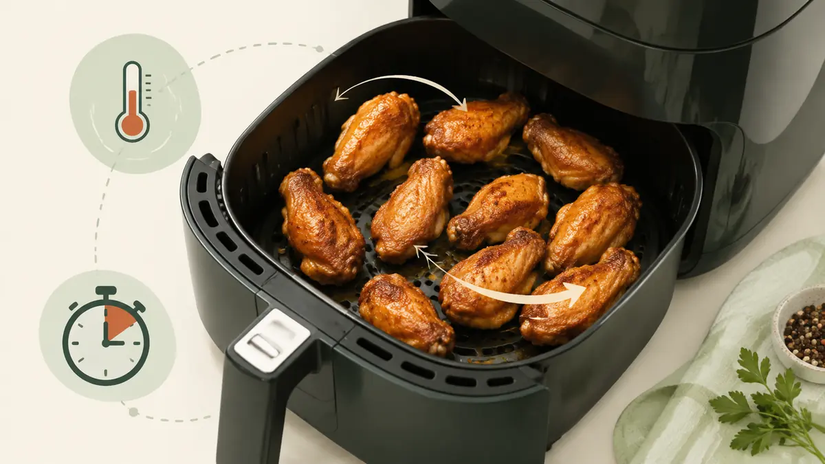 Chicken Wings in an air fryer basket with a thermometer and timing cues for air fryer temperature and cooking time guidance.