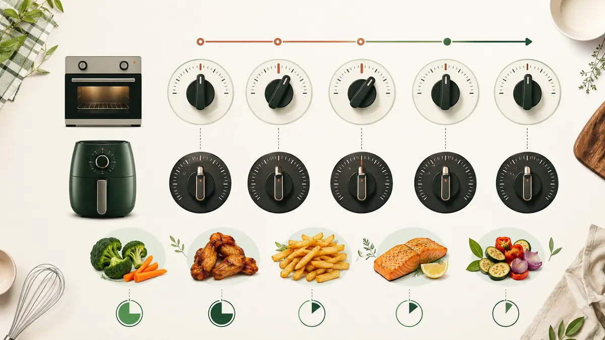 Air fryer conversion reference showing oven temperatures and cooking times mapped to practical air fryer starting settings.