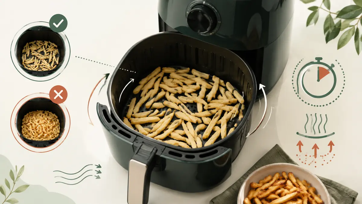 Frozen French Fries in an air fryer basket with a thermometer and timing cues for air fryer temperature and cooking time guidance.