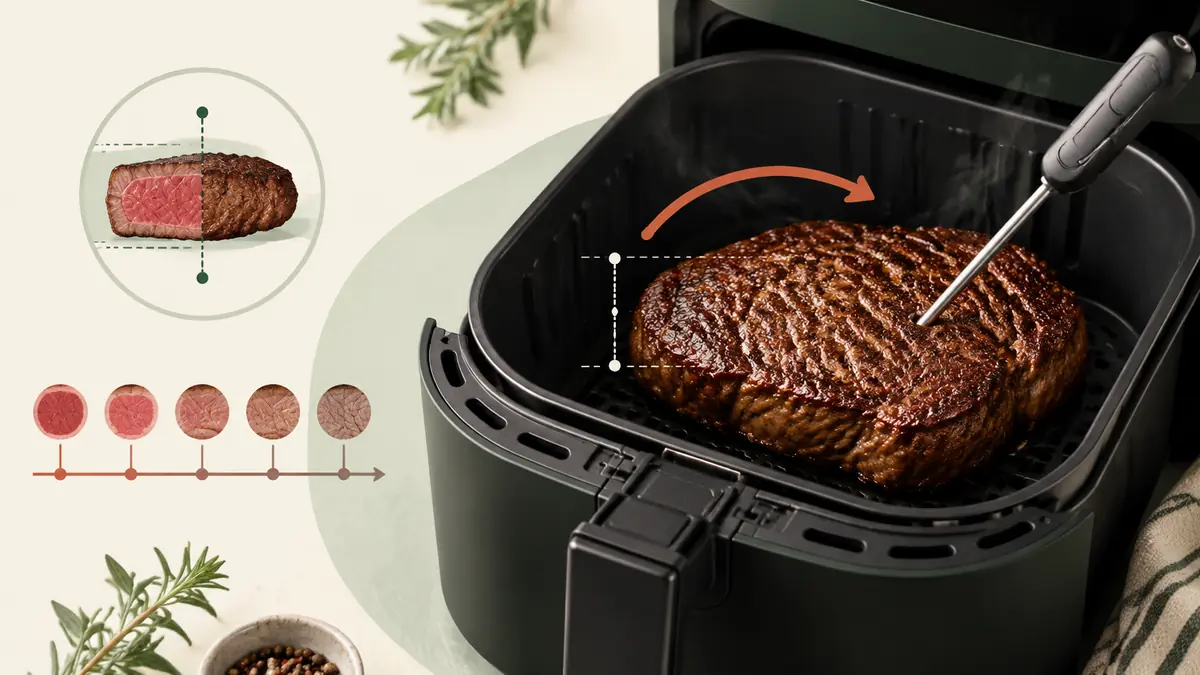 Steak in an air fryer basket with a thermometer and timing cues for air fryer temperature and cooking time guidance.