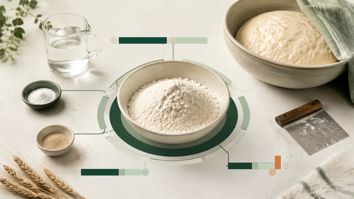Bread formula table showing flour at 100 percent with water, salt, and yeast expressed as baker's percentages.