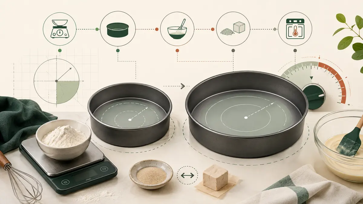Baking math scene with round cake pans, a kitchen scale, flour, yeast, and oven temperature cues arranged as connected calculator concepts.