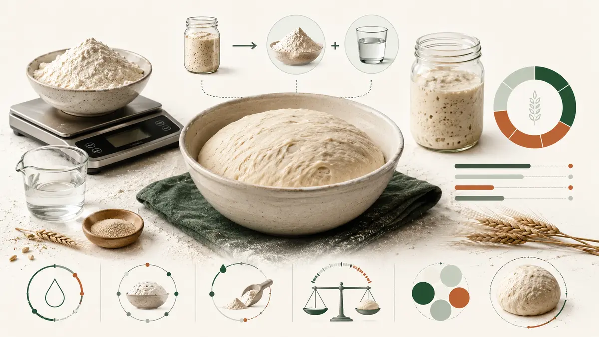 Bread dough formula workspace showing flour, water, sourdough starter, hydration percentage, yeast, and baker's percentage concepts.