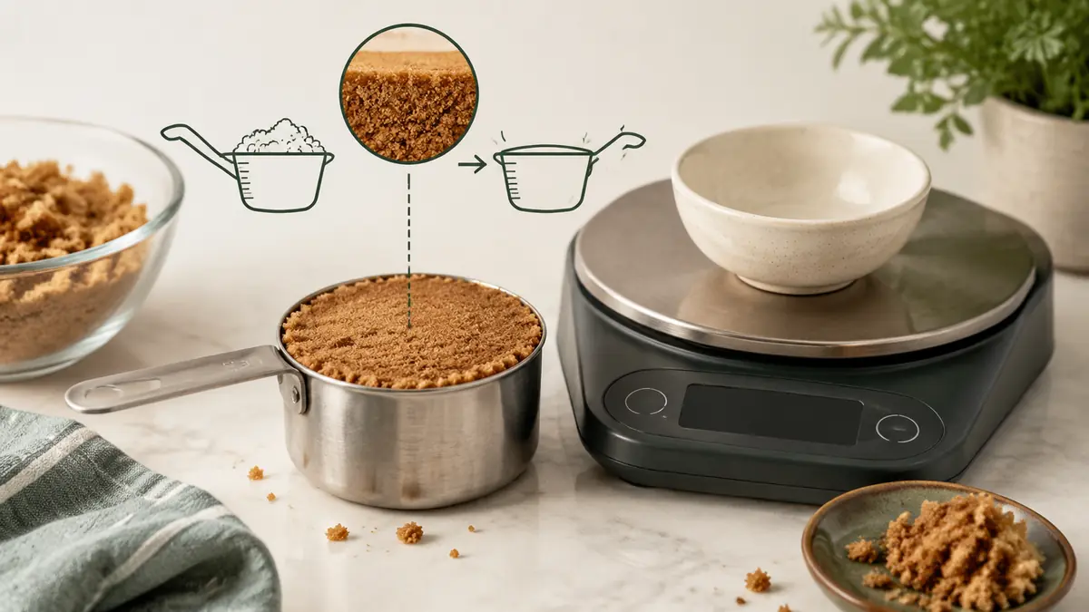 Packed Brown Sugar measured in a US cup beside a digital kitchen scale, illustrating the cups to grams conversion used on this page.