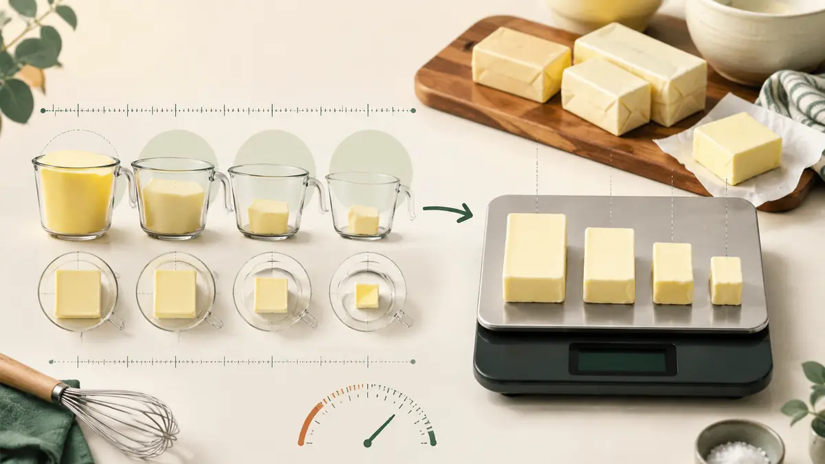 Butter measured in a US cup beside a digital kitchen scale, illustrating the cups to grams conversion used on this page.