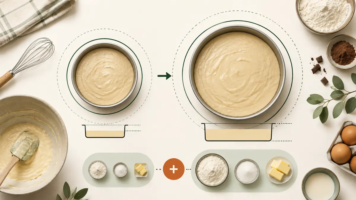 Eight-inch and nine-inch round cake pans compared by baking area to calculate a recipe scaling factor.