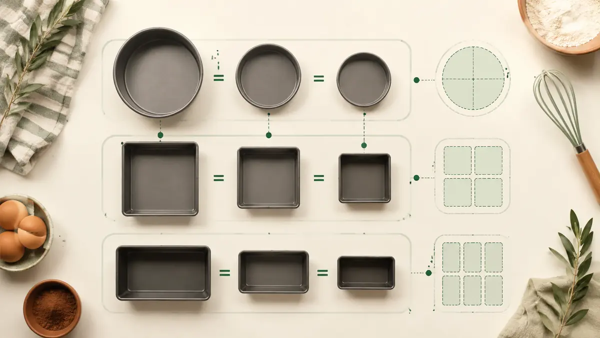 Common round, square, and rectangular cake pans arranged as a visual size and baking-area comparison.