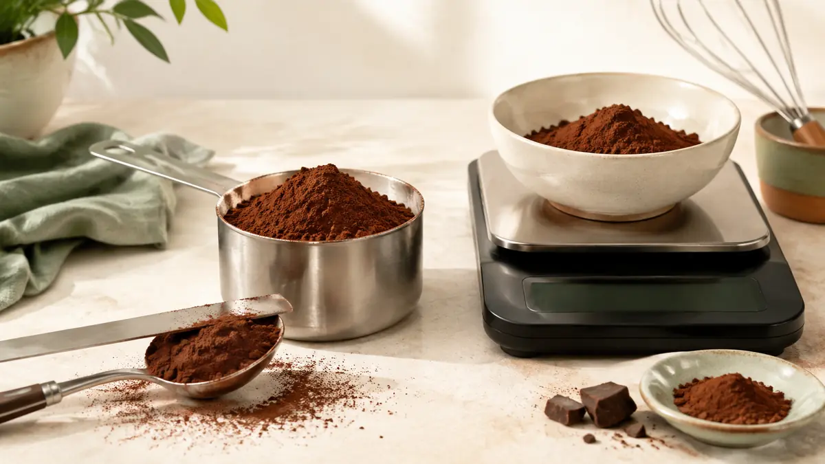 Unsweetened Cocoa Powder measured in a US cup beside a digital kitchen scale, illustrating the cups to grams conversion used on this page.