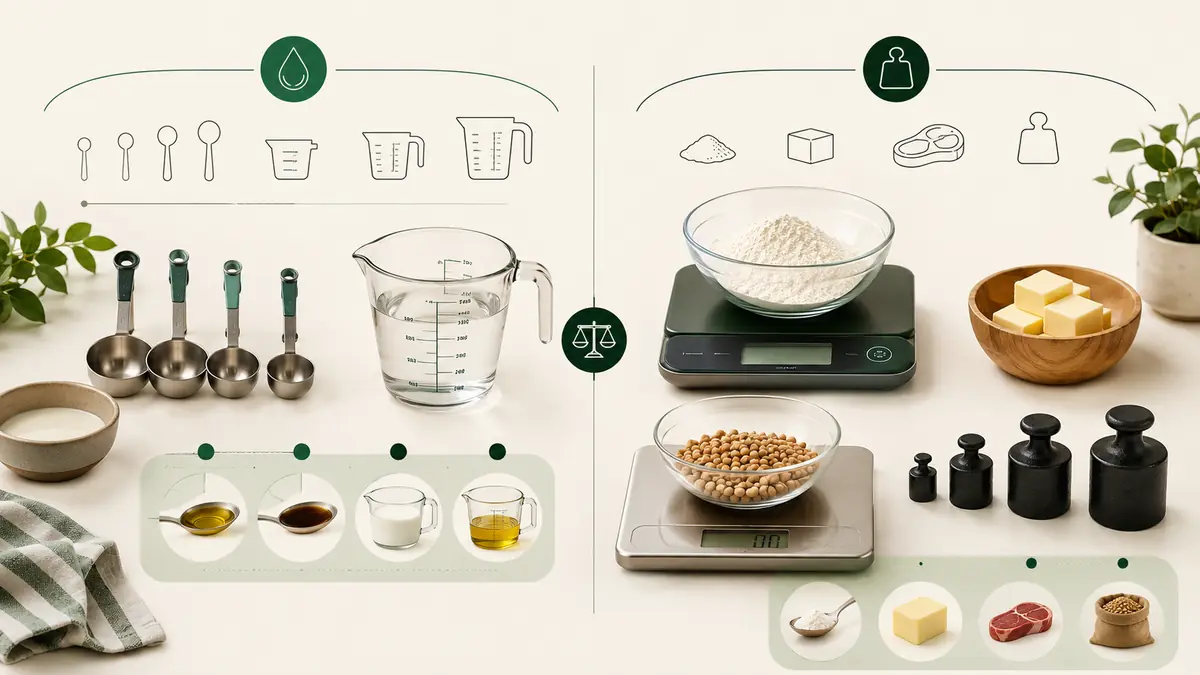 Cooking measurement reference with teaspoons, tablespoons, cups, milliliters, ounces, pounds, and grams.