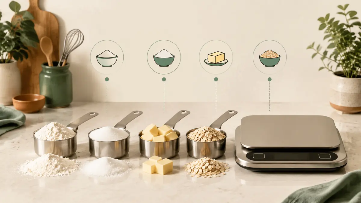 Kitchen scale and measuring cups illustrating ingredient-specific cups to grams conversion for flour, sugar, butter, and oats.