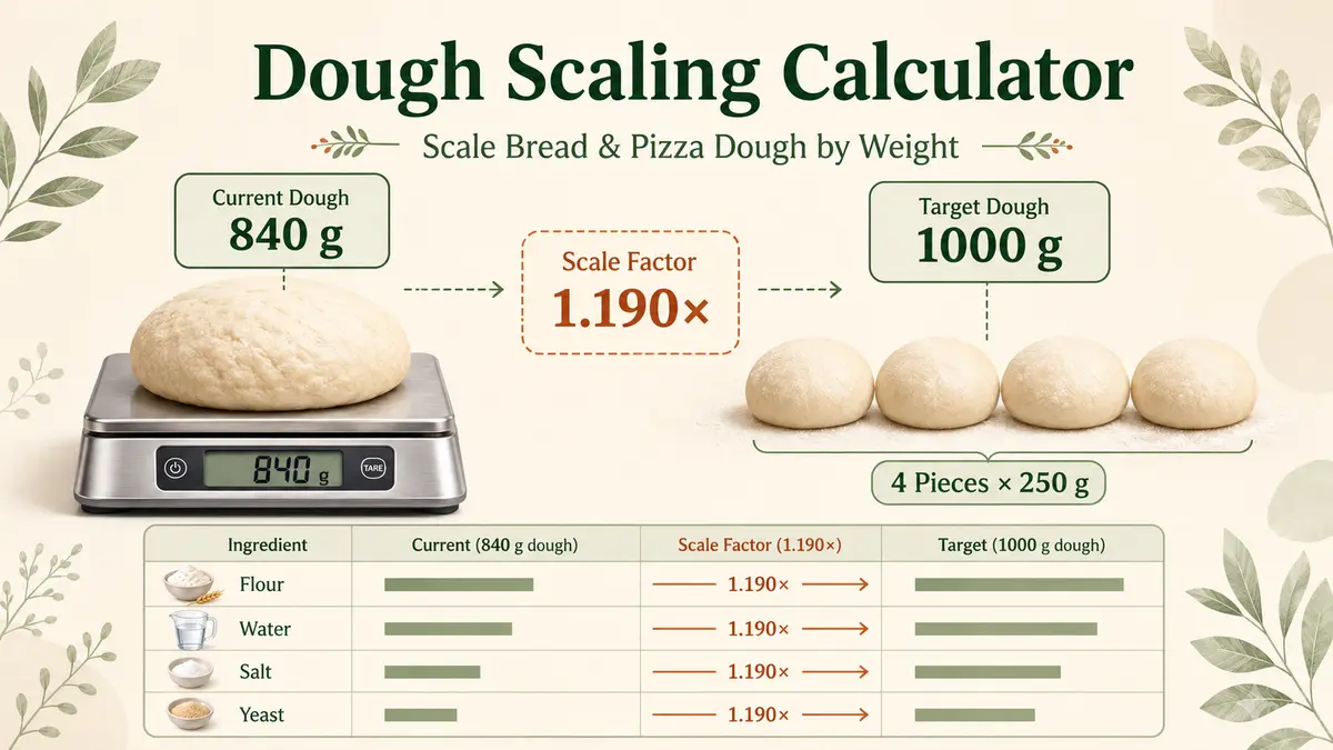 Dough Scaling Calculator graphic showing current dough weight, target dough pieces, grams per piece, scale factor, and scaled ingredients.