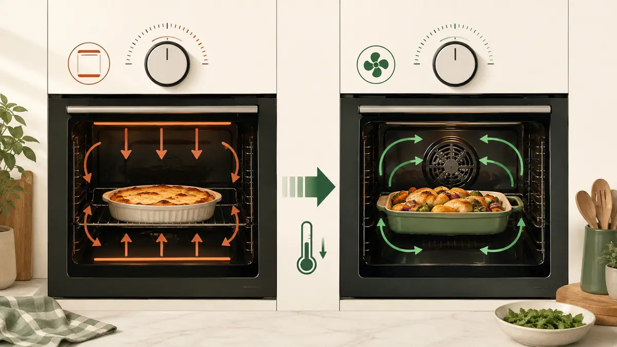 Conventional oven and fan oven temperature comparison showing a practical fan temperature adjustment for a recipe.