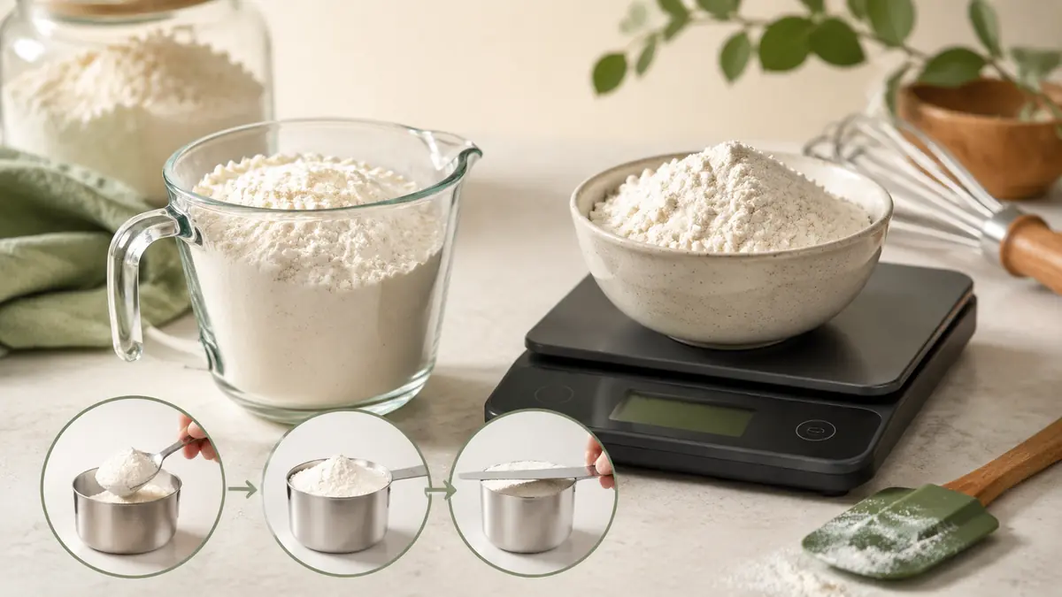 All Purpose Flour measured in a US cup beside a digital kitchen scale, illustrating the cups to grams conversion used on this page.
