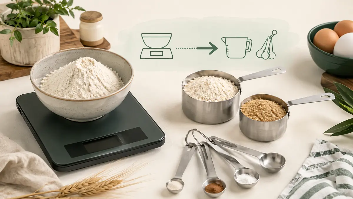 Kitchen scale measurement being converted from grams into practical cup and spoon fractions for a cooking ingredient.