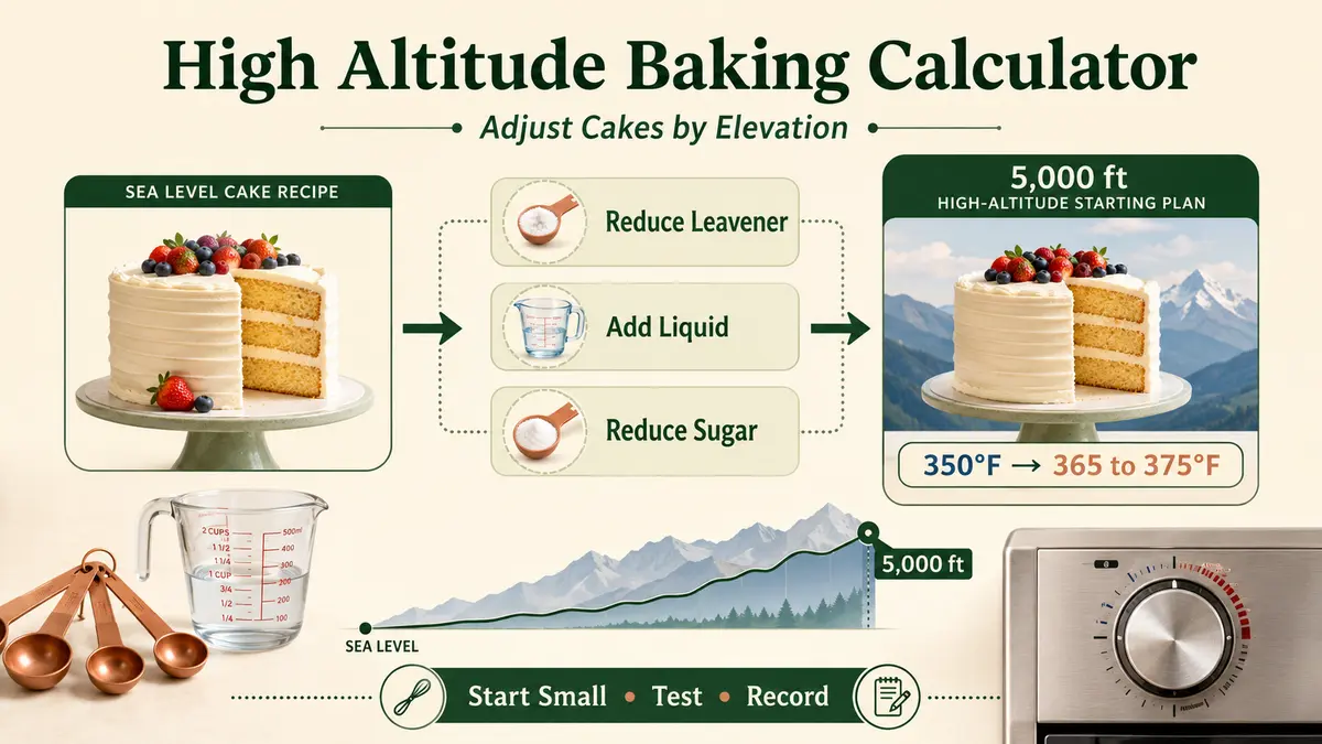 High Altitude Baking Calculator graphic showing elevation, cake adjustments, leavener reduction, extra liquid, and oven temperature changes.