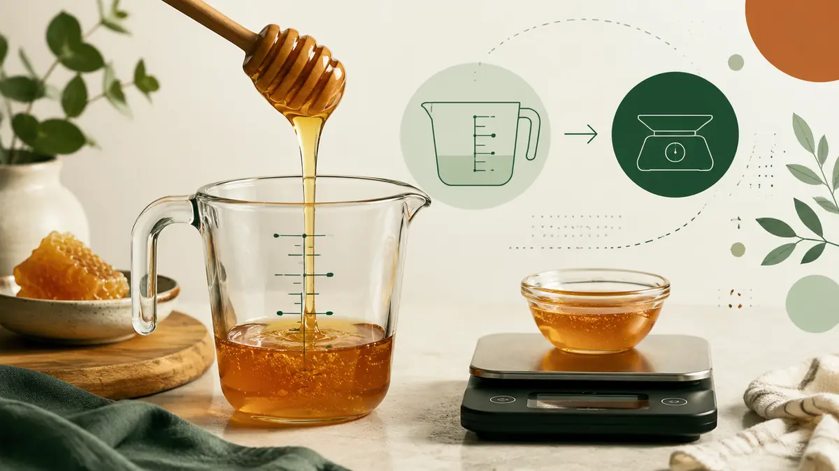 Honey measured in a US cup beside a digital kitchen scale, illustrating the cups to grams conversion used on this page.