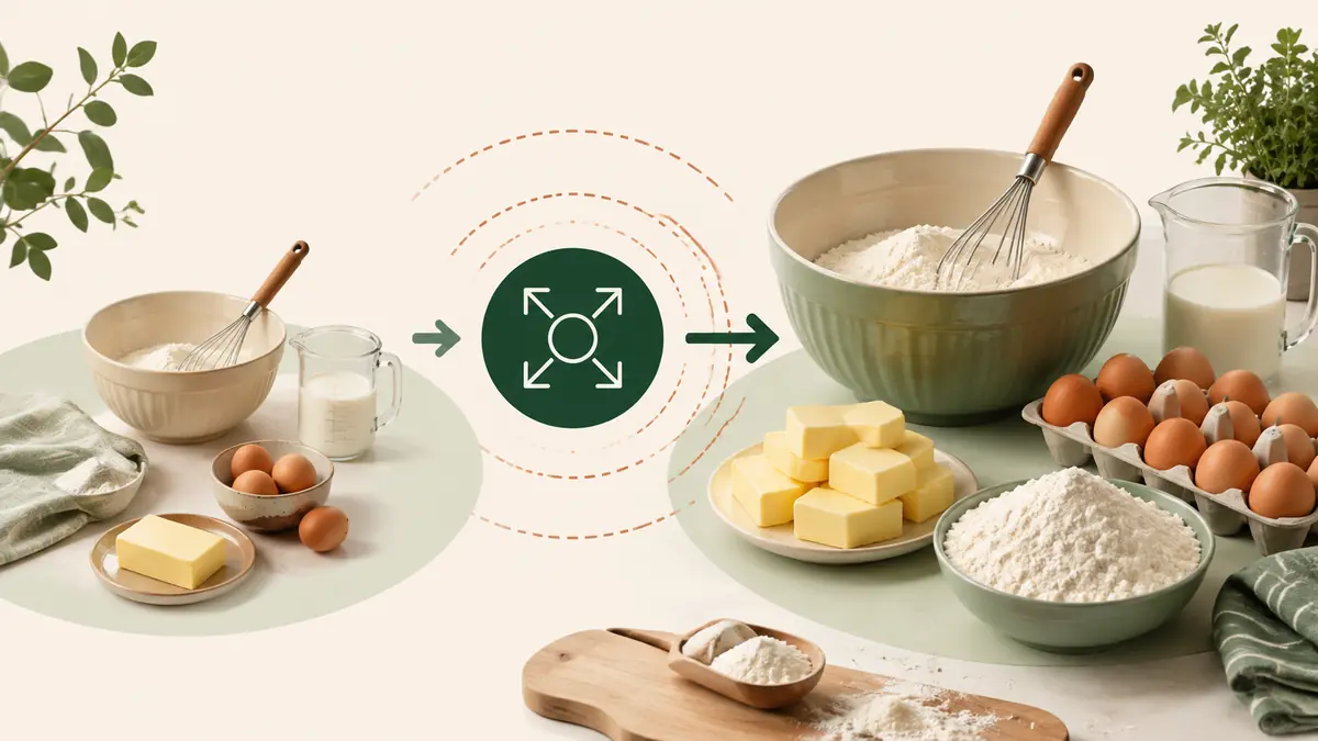 Recipe scaling diagram showing the target yield divided by the original yield to calculate an ingredient scale factor.
