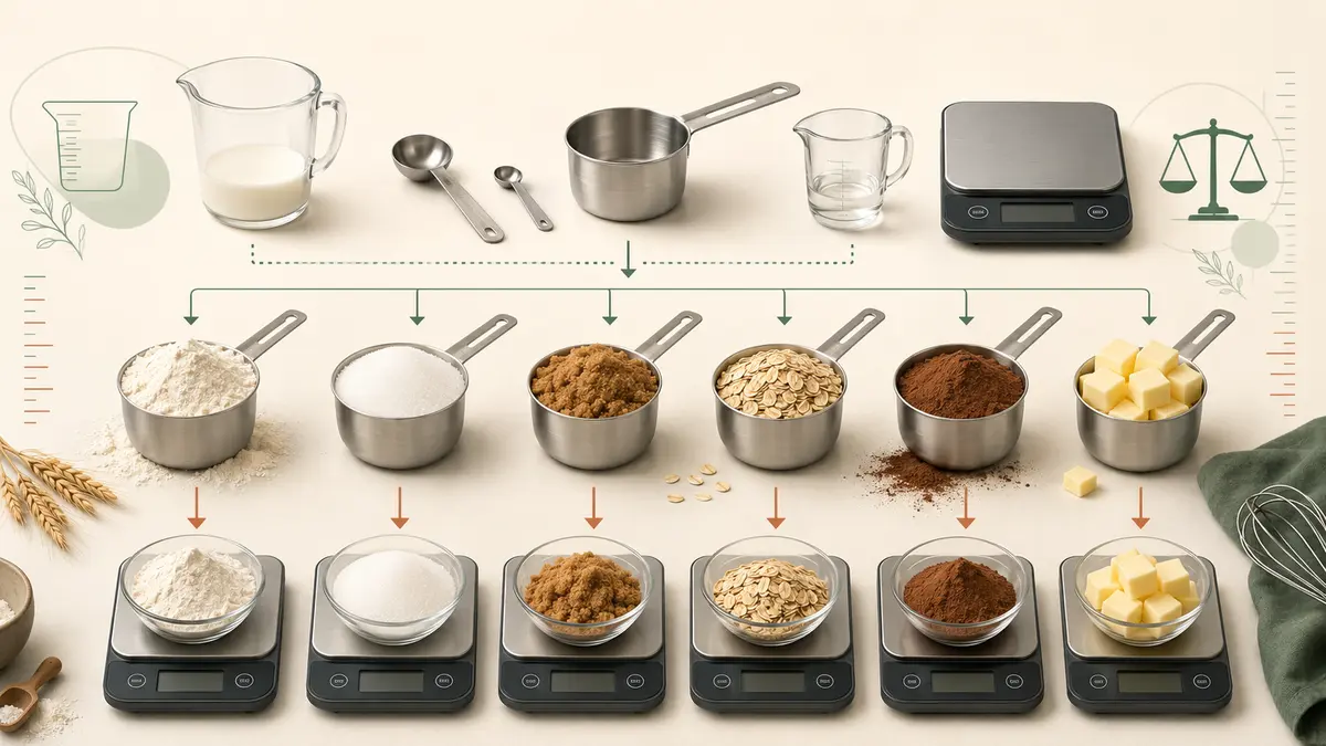 Kitchen ingredients beside measuring cups and a digital scale, showing cups, grams, spoons, and milliliters as connected measurement options.