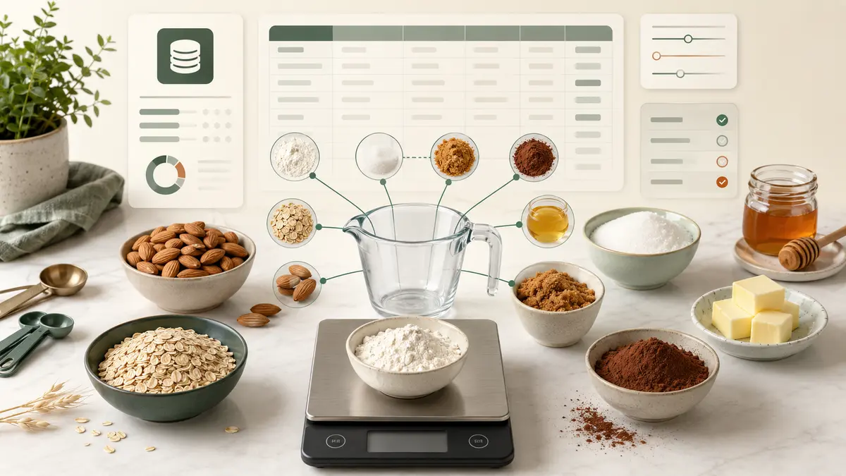 Searchable ingredient weight reference table beside measuring cups and a digital kitchen scale, showing ingredient names, household measures, gram weights, states, and source details.