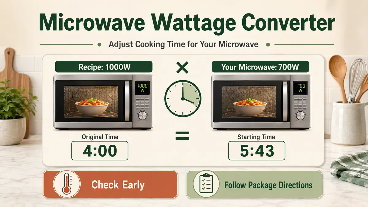 Microwave Wattage Converter graphic showing recipe wattage, target microwave wattage, original time, and adjusted starting time.