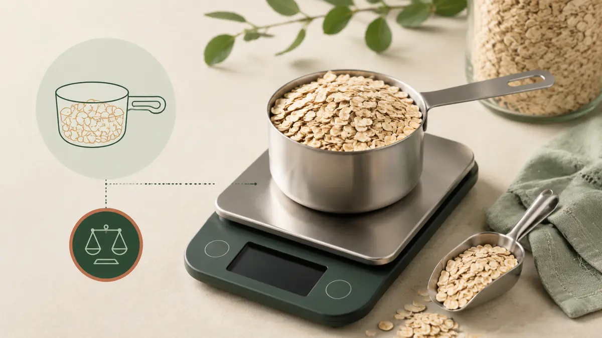 Rolled Oats measured in a US cup beside a digital kitchen scale, illustrating the cups to grams conversion used on this page.