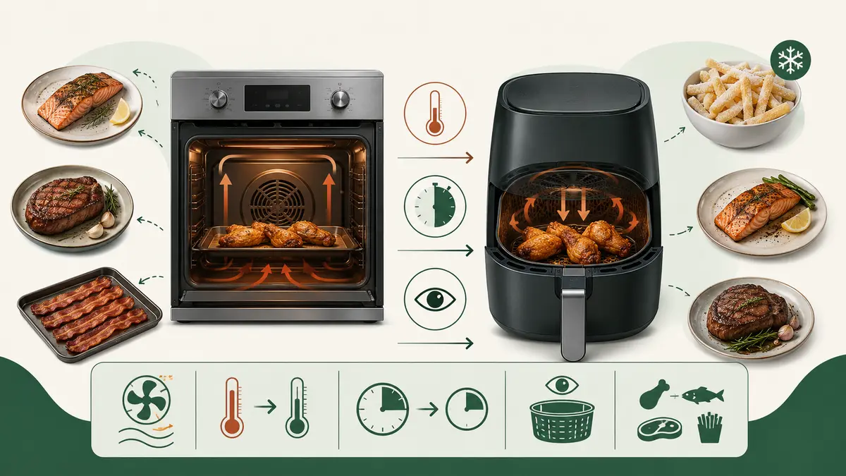 Conventional oven and air fryer shown with temperature, cooking time, thermometer, and food specific conversion cues.
