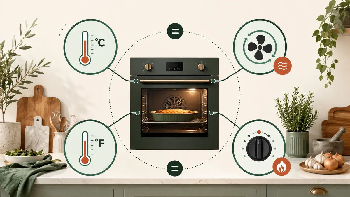 Oven temperature conversion guide connecting Celsius, Fahrenheit, fan oven settings, and Gas Mark values.