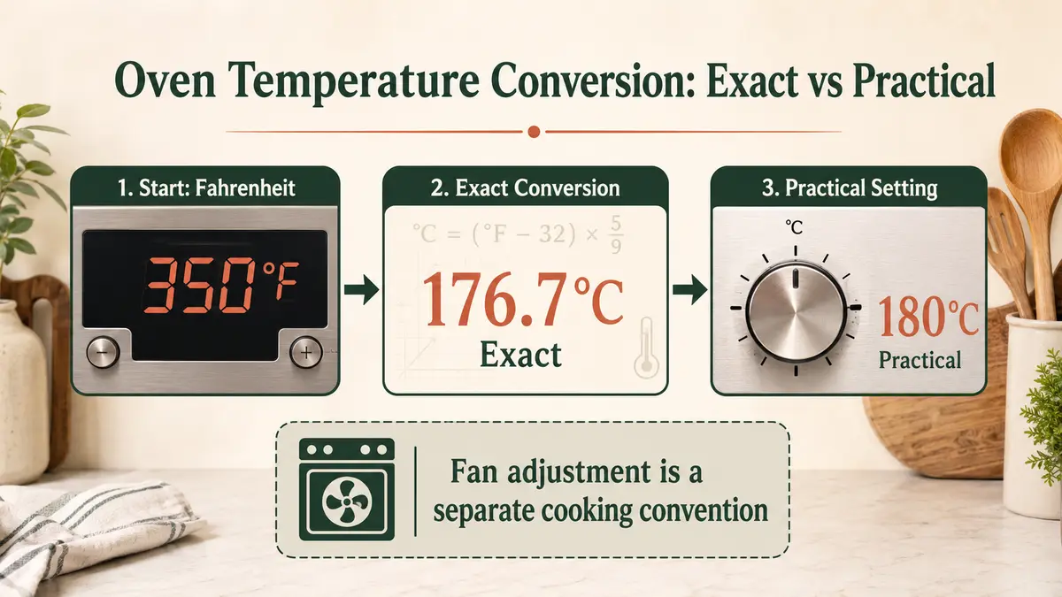 Oven Temperature Conversion guide comparing 350°F with the exact 176.7°C value and the practical 180°C recipe setting.