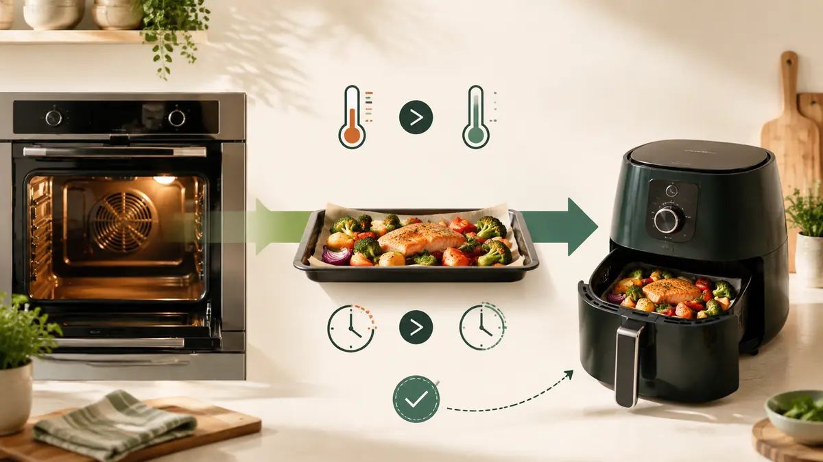 Conventional oven recipe settings being adapted to a lower air fryer temperature, shorter cooking time, and earlier check point.