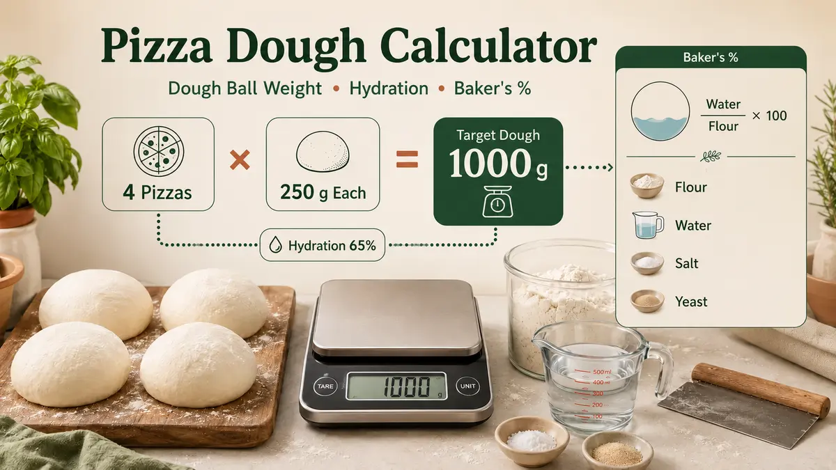 Pizza Dough Calculator graphic showing dough ball count, target weight, hydration, salt, yeast, and baker's percentage ingredient weights.