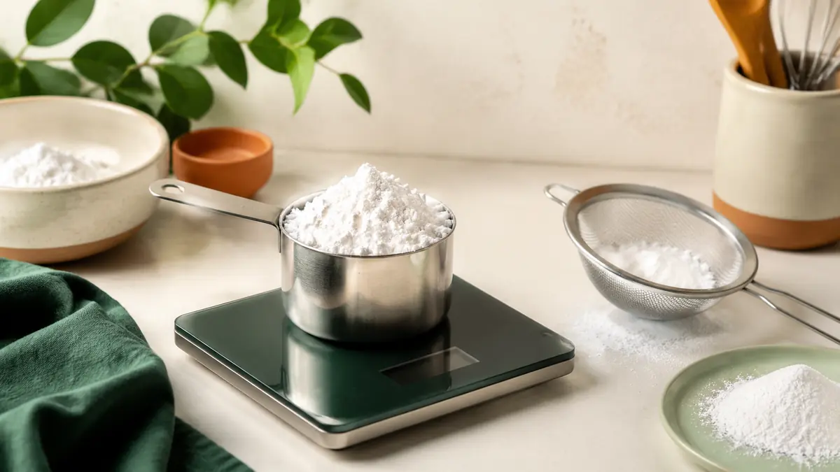Unsifted Powdered Sugar measured in a US cup beside a digital kitchen scale, illustrating the cups to grams conversion used on this page.