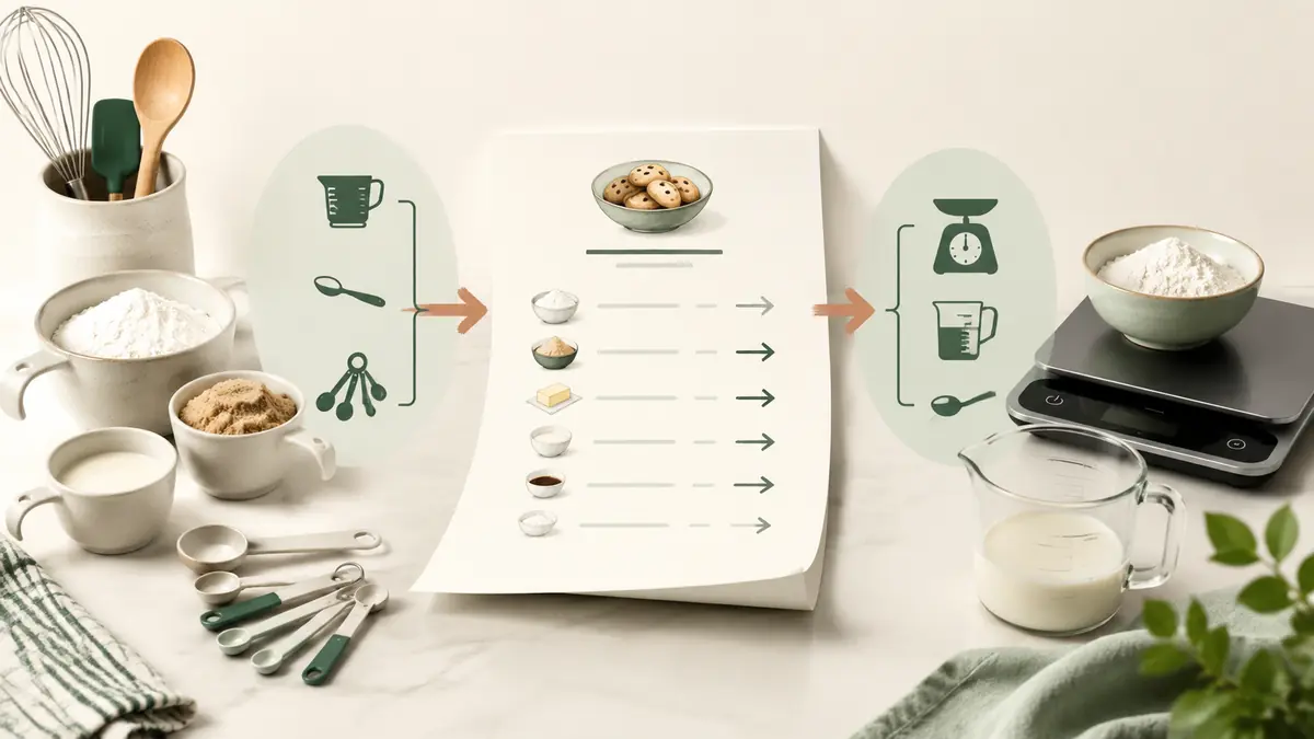 Recipe conversion workspace showing US cups and spoons transformed into practical gram and milliliter measurements.