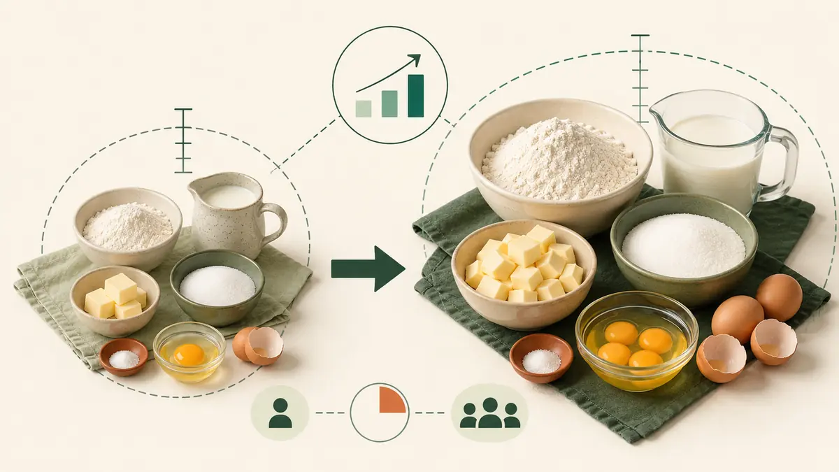 Recipe scaling example showing original ingredient quantities beside a larger scaled batch with practical kitchen measurements.