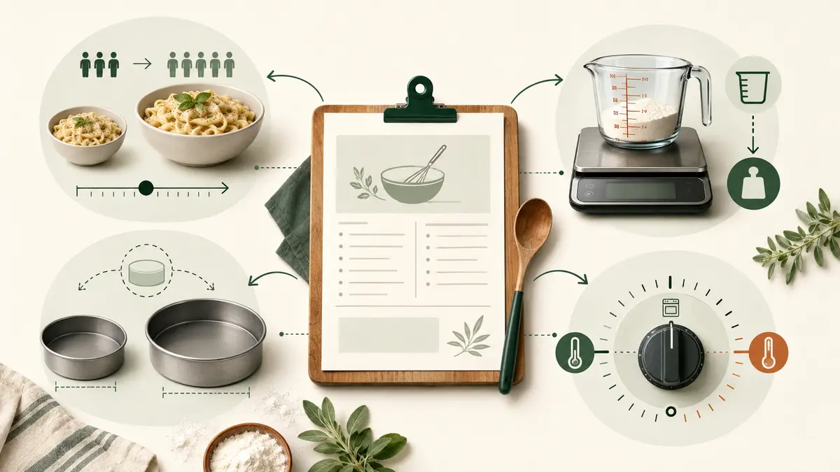 Recipe planning workspace connecting serving scaling, unit conversion, cake pan sizing, and oven settings around one recipe.