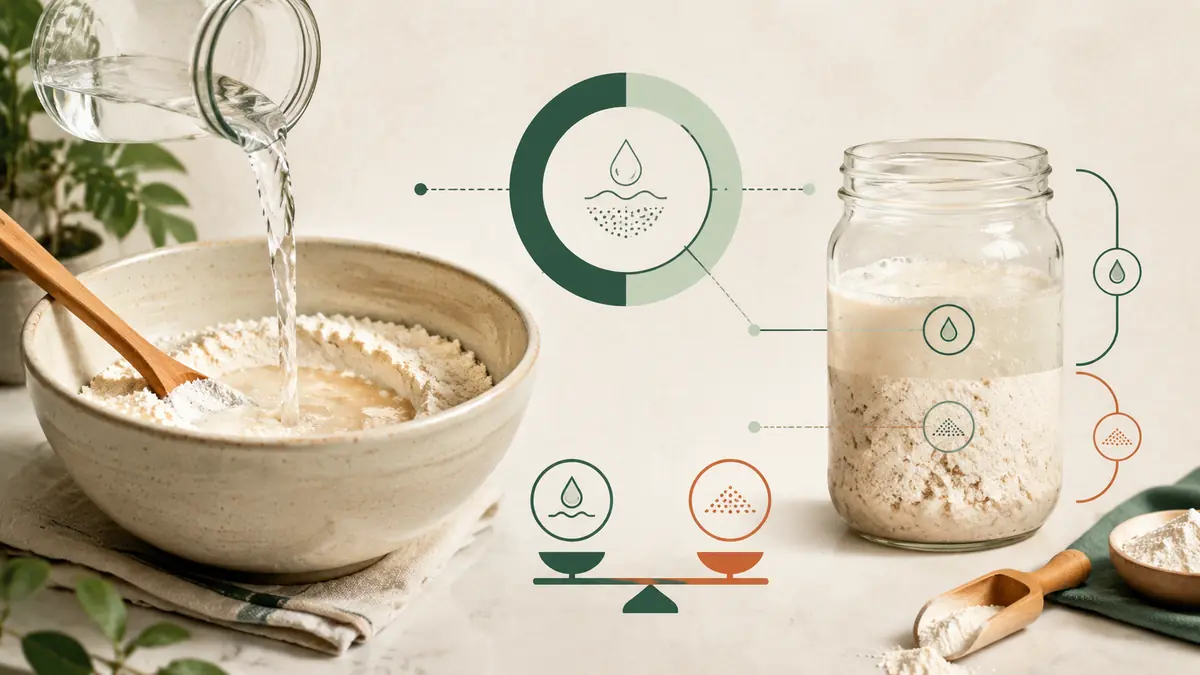 Sourdough formula diagram separating starter into flour and water contributions before calculating total dough hydration.