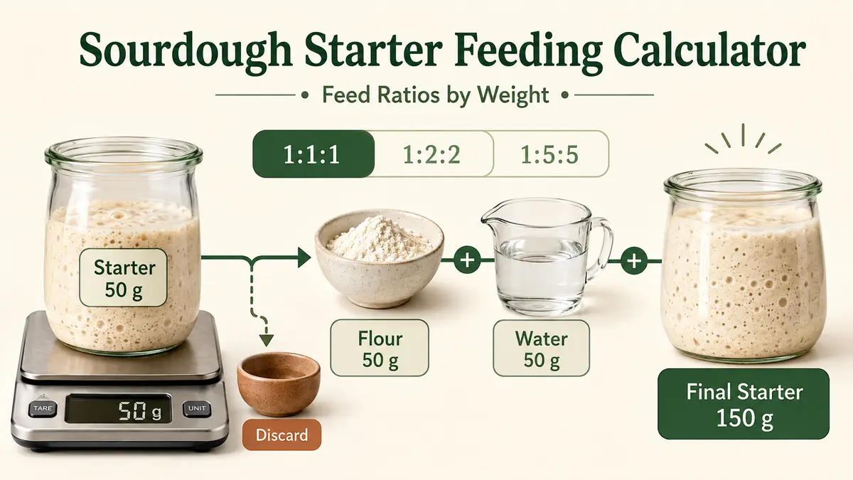Sourdough Starter Feeding Calculator graphic showing retained starter, flour, water, discard, and feed ratios such as 1:1:1 and 1:2:2.