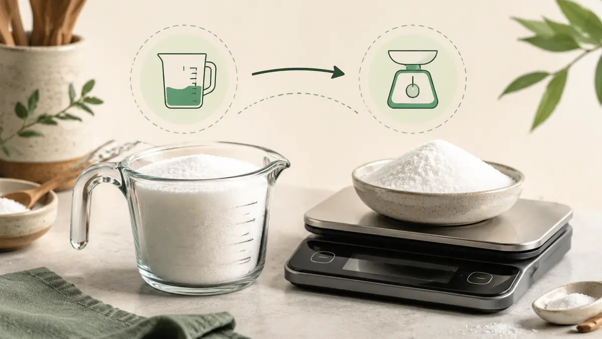 Granulated Sugar measured in a US cup beside a digital kitchen scale, illustrating the cups to grams conversion used on this page.