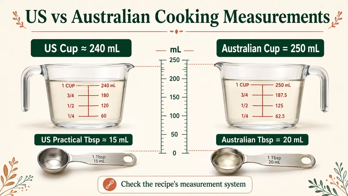 US vs Australian Cooking Measurements guide comparing 240 mL and 250 mL cups plus 15 mL and 20 mL tablespoons.