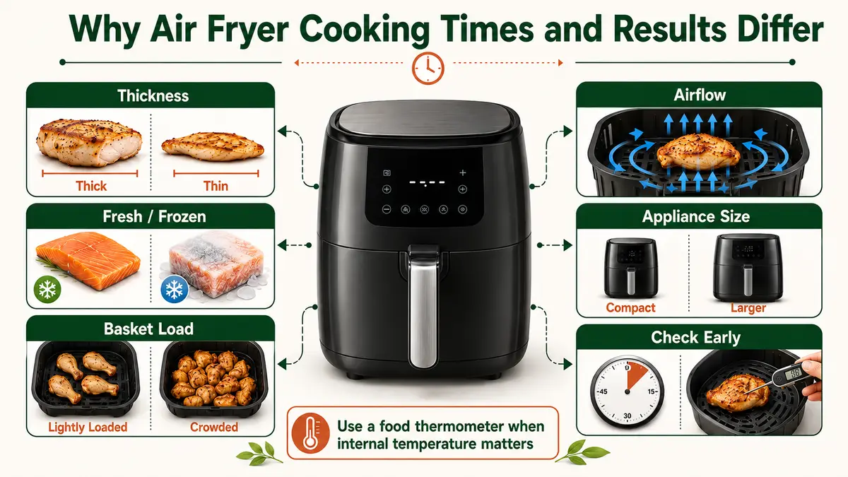 Why Air Fryer Cooking Times Differ guide showing thickness, frozen state, basket load, airflow, and appliance size as timing variables.