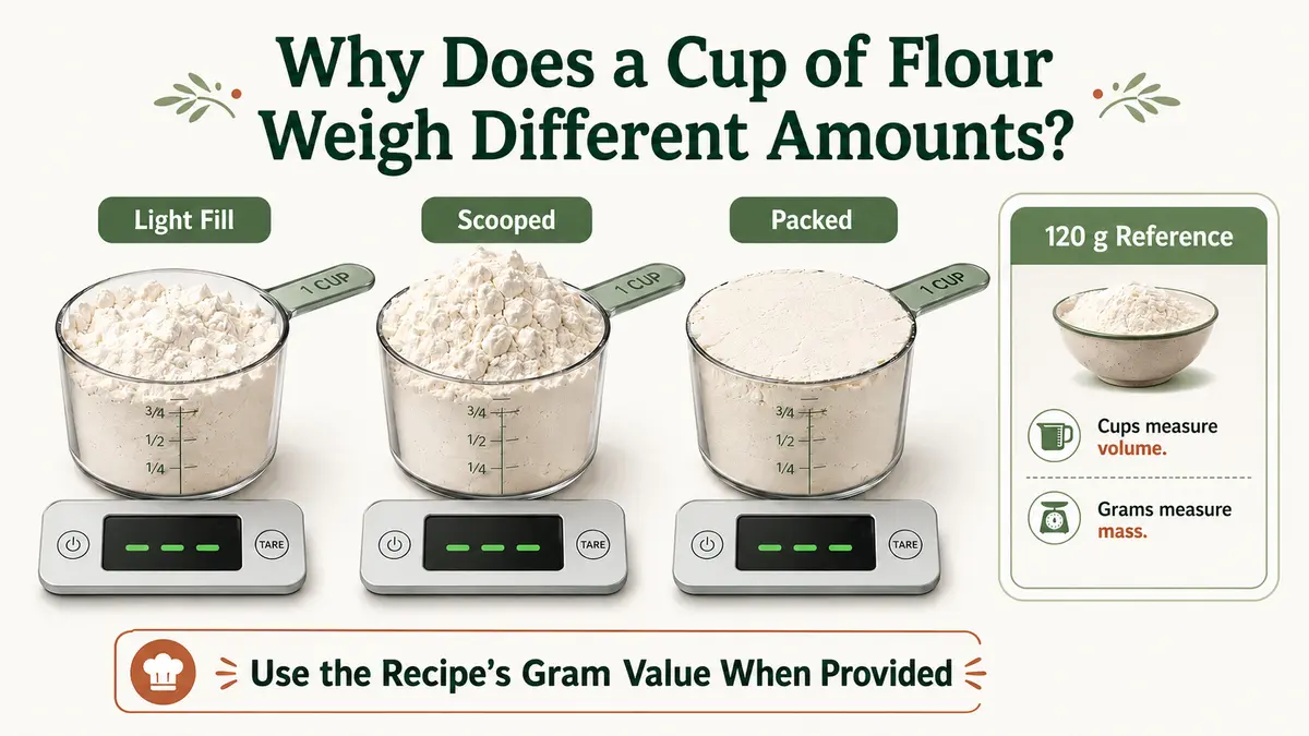 Why flour cup weights differ comparison showing the same measuring cup with light, spooned, and packed flour alongside different gram readings.