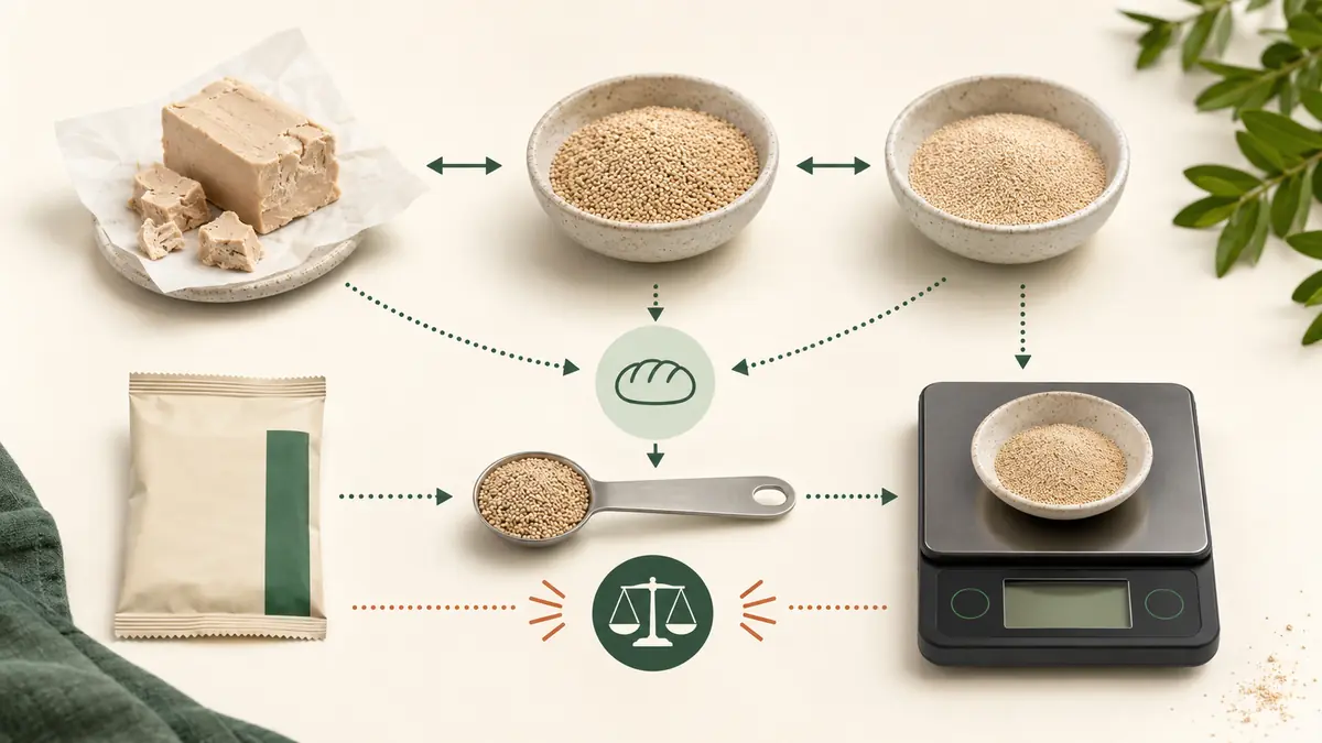 Fresh yeast, active dry yeast, and instant yeast shown with gram, teaspoon, and packet conversion references.