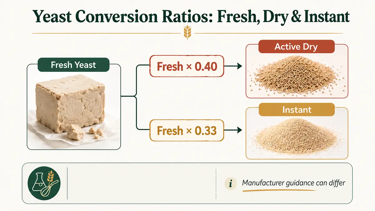 Yeast Conversion Ratios guide comparing fresh yeast, active dry yeast, instant yeast, grams, packets, and source-specific substitution ratios.